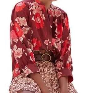 NWT Anthropologie Red Porridge Floral Puff Sleeve Peasant Button Down Shirt